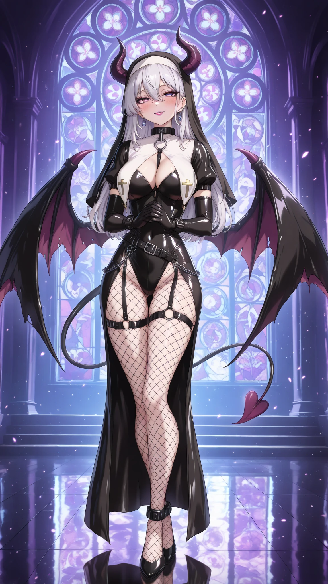Erotic Tall busty blonde mature housewife, female executive in shiny purple rubber suit, red heart on black background, bedroom, dark theme, evil, temptation, excitement, condescending smile, sexy pose, upper body emphasis, lying on man, angle from below, bat wings, succubus