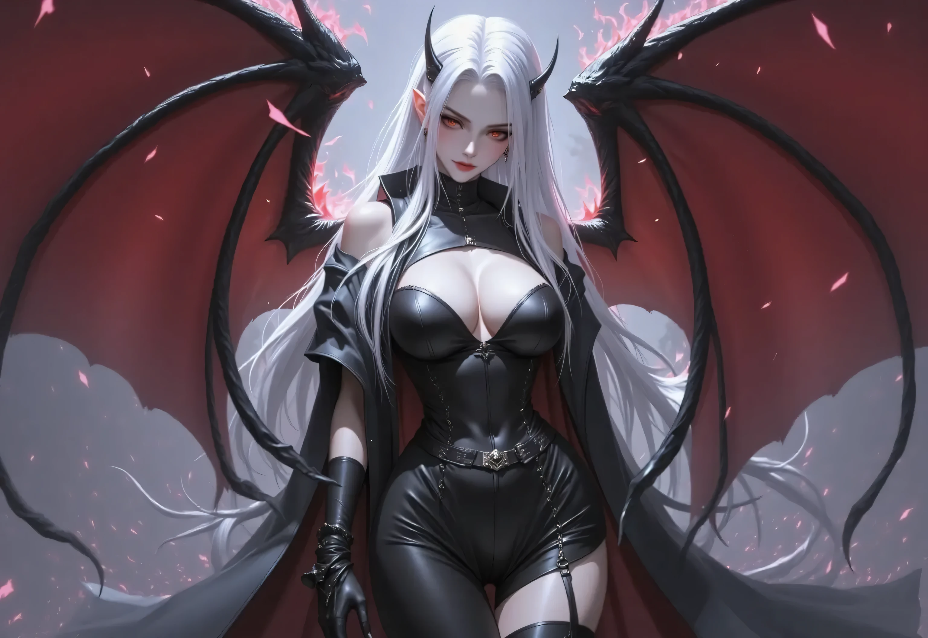 face photo, portrait, woman(Species(Succubus) Age(300 years) Gender(Female) Occupation(Succubus executioner) Height(176cm tall) Hair(Short, straight, white) Skin(Smooth, pale) Face(Small nose, cruel expression, red eyes) Physical features(Black demonic wings, Black demonic tail, Black horns, Thick thighs, Big tits) Outfit(Short leather skirt, Leather bra, Leathaer boots, Leather) Personality(Cold, Sadistic, Violent, Evil, Perverted, Grim), hentai game, anime, best quality, masterpiece, maximum detail, high resolution