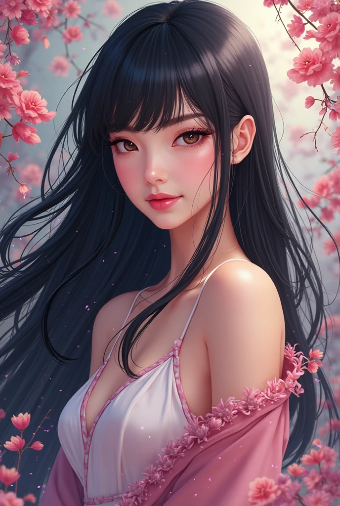 Konohanasakuyahime,Magatama Necklace,Long Hair,Black Hair,Beautiful face,older sister,A beautiful woman,cherry blossoms,Large Breasts,24-years-old,beautiful,kind,Elegant,Quiet,Creating Bangs