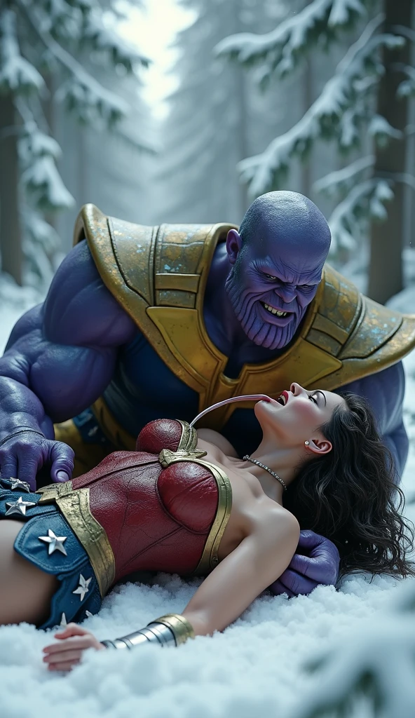 In a quiet, secluded area with soft grass on the ground, Thanos, with his massive and imposing figure, is kneeling next to
Padme, a young woman with long, brown hair. Padmé is lying on her back, her shirt lifted to expose her bare abdomen. Thanos is meticulously touching her abdomen, pressing firmly and exploring every part with his large, glowing hands. Padmé's face shows a mix of discomfort and curiosity as she allows him to continue.