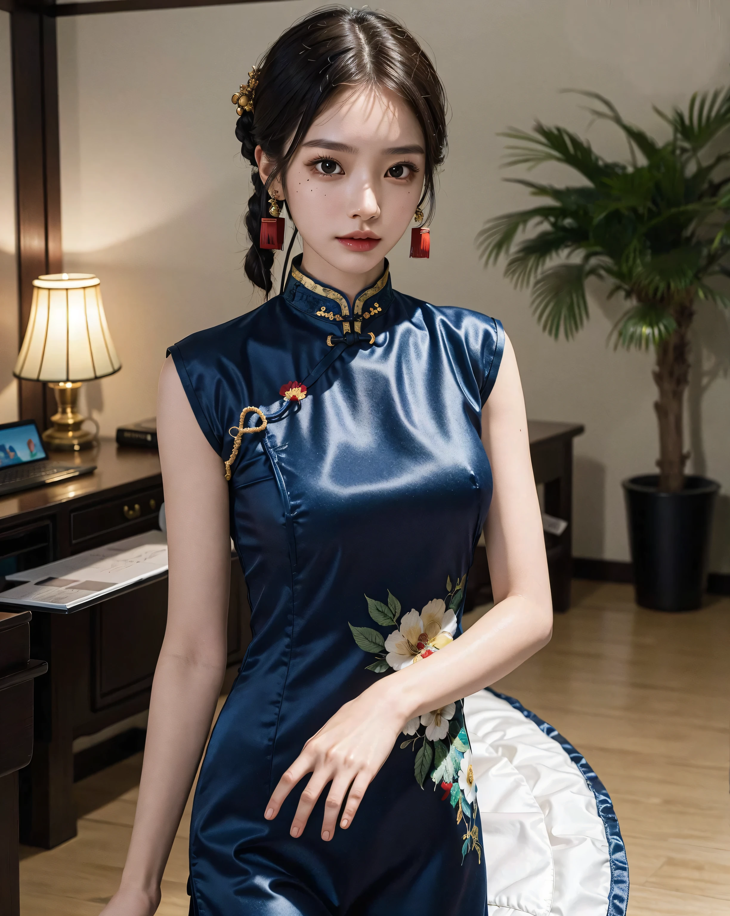 absurdres, RAW photo, extremely delicate and beautiful, masterpiece, Best Quality, ultra high resolution, 32k, hyperrealistic, ultra-detailed, perfect anatomy, perfect figure, super Detailed skin, 20 years old, very Slim body, narrow waist, very small head, very small face, delicate facial features, tearful mole, earring, thin legs, bare legs, ((very huge round breasts)), short medium hair, ((wavy hair)), ((navy floral cheongsam)),