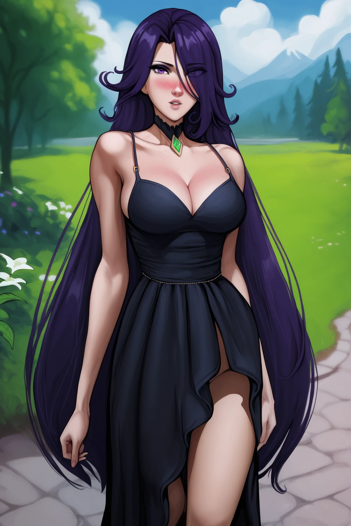 masterpiece, best quality, 1girl, solo, facing viewer, (art by Naoko Takeuchi), <lora:EPsmSailorMars-08:0.7>,EPsmSailorMars, purple eyes, purple hair, very long hair
wide angle, wide shot, cowboy shot, trees, autumn, leaves, dusk, arm support, demon costume, jewelry, necklace, bracelet, ring, winch bumper, wavy mouth, closed mouth