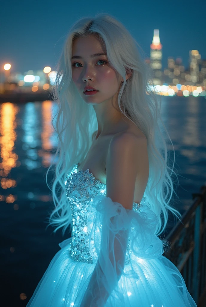 1 woman around 20 years old, pale skin, long white hair, blue colored eyes, wearing a simple light blue dress, black backdrop, over the city moon