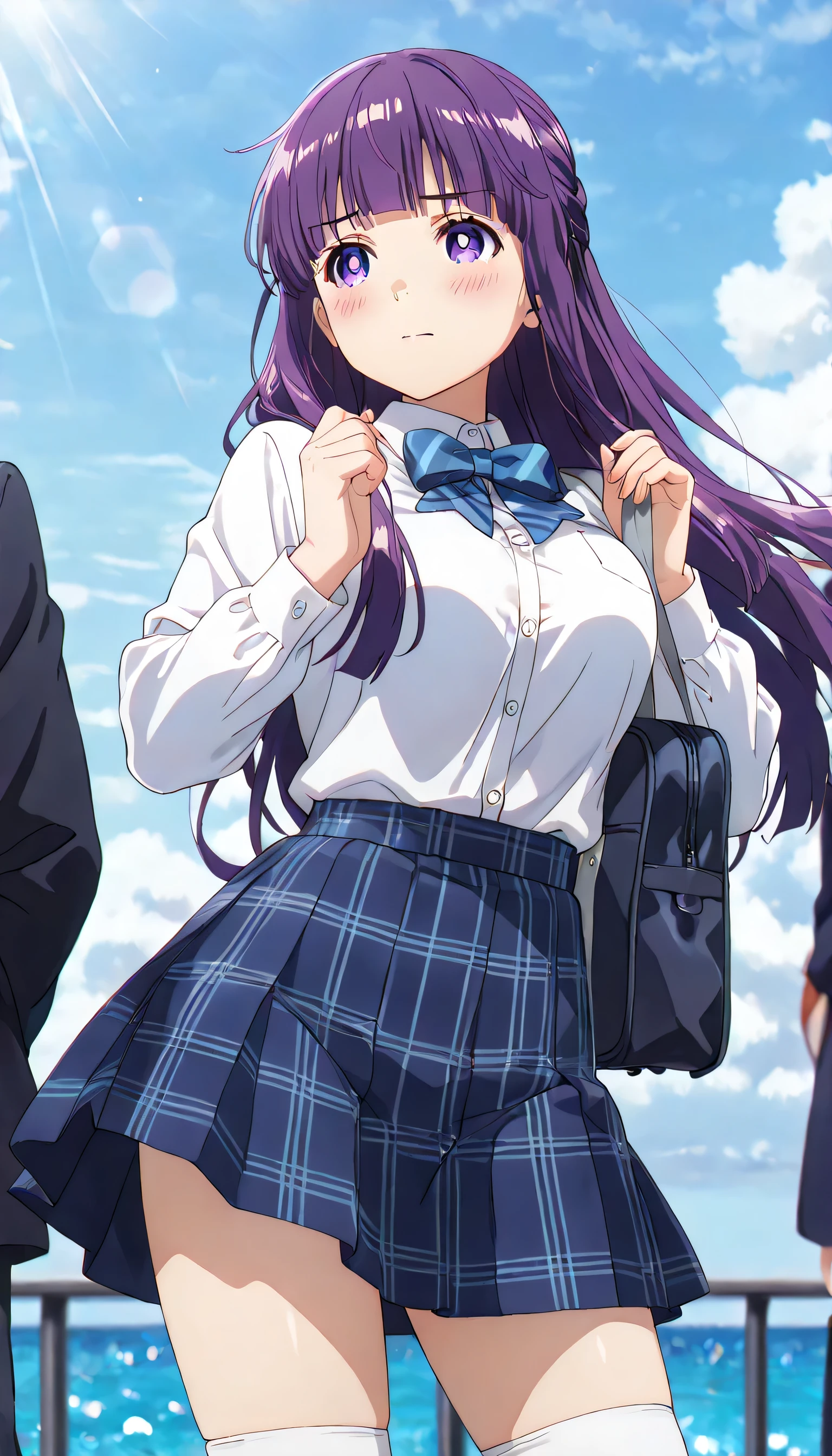 ((ultra-detailed)), (highly detailed CG illustration), (best quality:1.2), ultra-highly detailed, colorful composition, artistic photoshoot, 1girl, solo focus, cowboy shot, moe anime character, round face, rounded chin:1.2, short stature, fern, long hair, bangs, purple eyes, purple hair, sidelocks, blunt bangs, bright pupils, half updo, ample breasts, school uniform, blue stripe neck bow, long sleeves white shirt, blue checked pleated skirt, and white high socks, school bag from her shouder, anime screencap, hair is swaying in the wind,  gentle smile, blush:1.3, dynamic pose, contrapposto pose, from front, expecting, pink cheek, blush, palepink lips, beautiful detailed sky, contrapposto pose, standing in the military port:1.3, ocean and sky background, battleship background, breeze, shining sunlight shines, best quality, masterpiece, portrait, depth of field, soft lighting, backlight, shine, lighting, caustics, ray tracing, perfect face, lustrous skin, highly detailed face, highly detailed eyes, perfect face, perfect nose, perfect hair, perfect eyes, perfect anatomy, beautiful hair, beautiful small face, extremely detailed face, beautiful detailed eyes, beautiful clavicle, beautiful body, beautiful ample breasts, leavage, breasts squeezed together, equalize the size of the left and right breasts, beautiful thin thighs, beautiful legs, beautiful fingers, 4 fingers, 1 thumb, lovely, (very detailed background:1.0), (highly detailed background:1.0), spring aesthetic, intricate details, tight atmosphere, spring colors palette, chromatic aberration