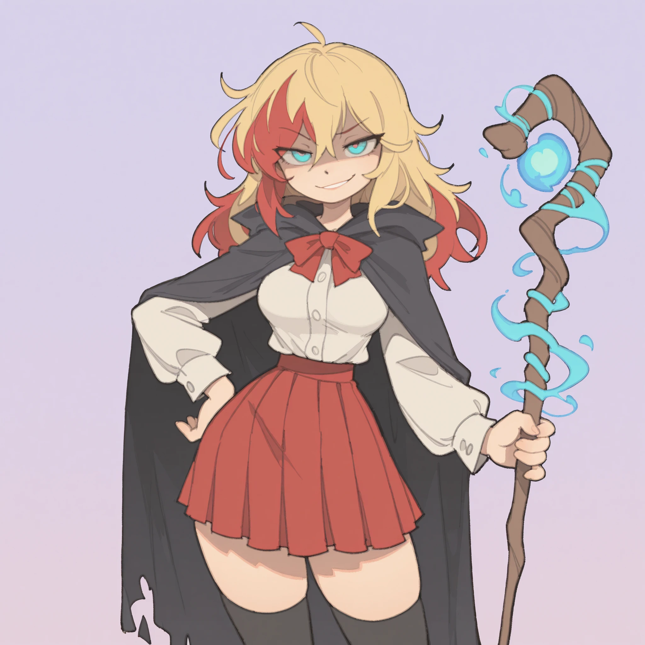 masterpiece, ultra-HD, impressionism, high detail, best quality, very aesthetic, 8k, best quality, beautiful, tmchng, 1girl, solo, short messy red hair, blonde hair, multicolored hair, turquoise eyes, medium breasts, wide hips, narrow waist, thick thighs, slim, white buttoned shirt, red bowtie, black cloak, red pleated skirt, black thigh high socks, holding a magic staff, smirk, cute, hand on hips, standing, looking at the viewer, simple background, front view