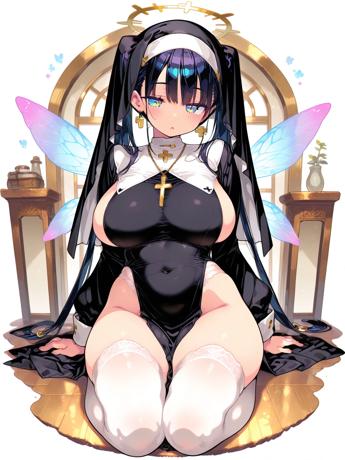 ((masterpieces,ultra detailed,ultra resolution,Perfect Anatomy,detailed face,cute eyes,nsfw,1girl,solo :1.5)),(manhattancafe, ahoge, horse tail, horse ears,black hair, long hair,yellow eyes,smallbreasts, flat chest, 20 years old),(pubic tatoo,clothes lift,lifted by self, show off navel,pregnant,big belly :1.5 ),(wedding dress,veil,lace panties,clothed,nipples visible through dress,show off nipples under dress,covered nipples,nipples visible through dress, show off nipples under dress :1.2),(empty eyes, half open eyes, seductive smile, :1.1),looking at viewer,cowboy shot,standing,(netorare :1.2),