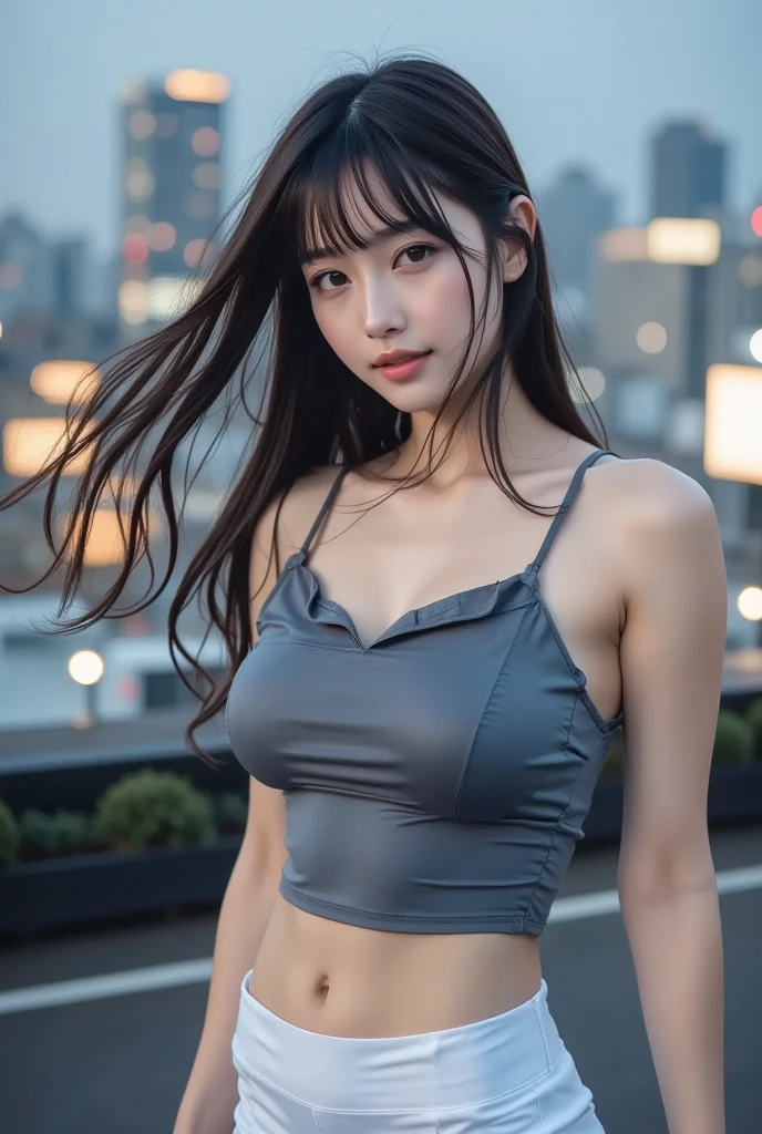 (Realistic: 1.4), (highest quality: 1.4), Ultra-high resolution, (fine grain),Full Body Shot,((Pose for gravure photography)),1. High school girl、(Wolf Cut)、(Straight bangs)、,1 girl, Tokyo, night, Cityscape, City lights, Black camisole,Black pleated skirt, smile, (8k, RAW Photos, highest quality, masterpiece: 1.2), (Genuine, photoGenuine: 1.37),smile,Idol,