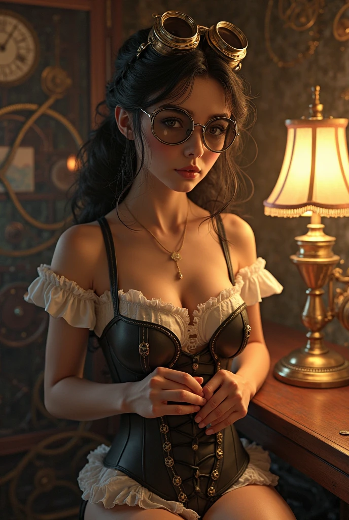 a facial portrait of a ((spy using glasses to take pictures)) working on a secret computer labratory, an elegant, exquisite beautiful female spy, dynamic hair color, dynamic hair style, (wearing elegant intricate details glasses: 1.3), dynamic color glasses, dynamic style glasses, ((letter and numbers are seen on the glasses:1.6)), she wears an elegant, intricate detailed dress, silk dress , small cleavage, Vibrant, Ultra-high resolution, High Contrast, masterpiece:1.2, highest quality, Best aesthetics), best details, best quality, highres, ultra wide angle, 16k, [ultra detailed], masterpiece, best quality, (extremely detailed), Genetically modified..., Cinematic Hollywood Film, lens flare style