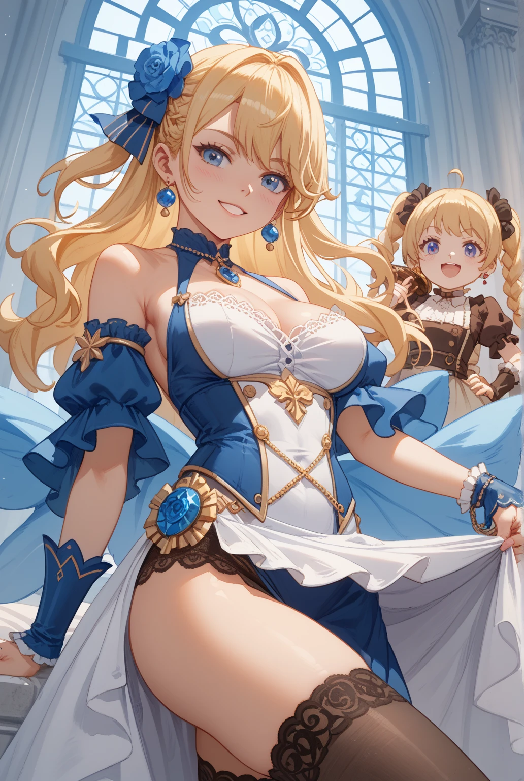 (masterpiece, best quality), best resolution, (2heads:1.5), 1girl, armor, bangs, breasts, cape, cape lift, white gloves, hand on hip, headband, jewelry, long hair, looking at viewer, open mouth, blonde hair, purple eyes, smile