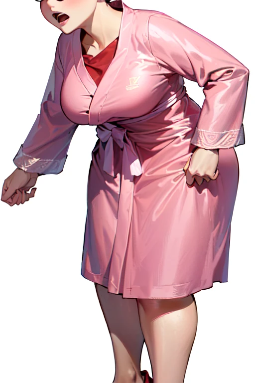 MILF BIMBO KNEELING RED short bob haircut hairband female wearing a pink pajamas, video games, pink outfit, tv, fluffy teddy bear toy 🧸 🐻, bed, white pillow, black gazed cross belt blindfold, bodybuilder abs toned, hands inside pockets