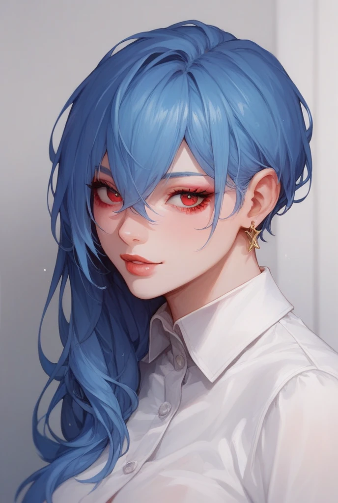 A lady with light blue hair and a ponytail in her hair, wearing a red shirt and black pants without the necklace