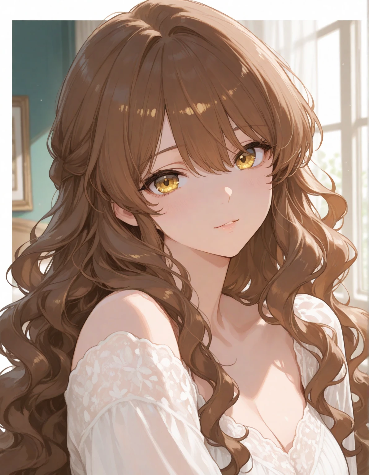 femme de 29 ans, long brown slightly curly hair, yeux bleus, visage parfait, professional makeup like model, tout nu dans un lit