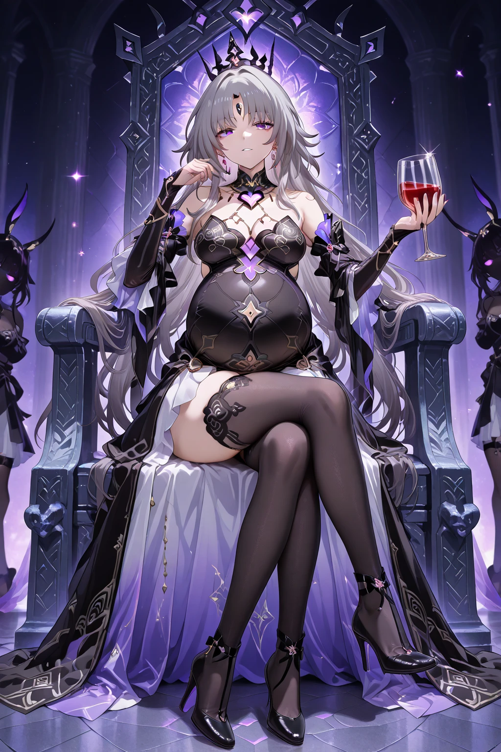 Goddess, Succubus, deity, white hair, demon, corrupted angel, horns, black nails, halo, strapless white leotard, black fur off shoulder jacket, golden fishents, white and gold high heels, white and purple background, high quality, masterpiece, purple foot, good hands, good feet, good anatomy, large cleavage