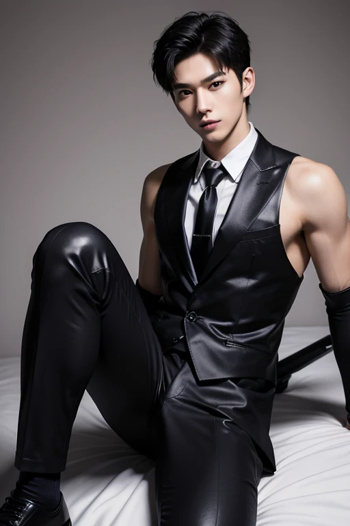 man, as mafia boss, tall and fit, with short black hair, while modeling, sexy, in different positions, whole body.