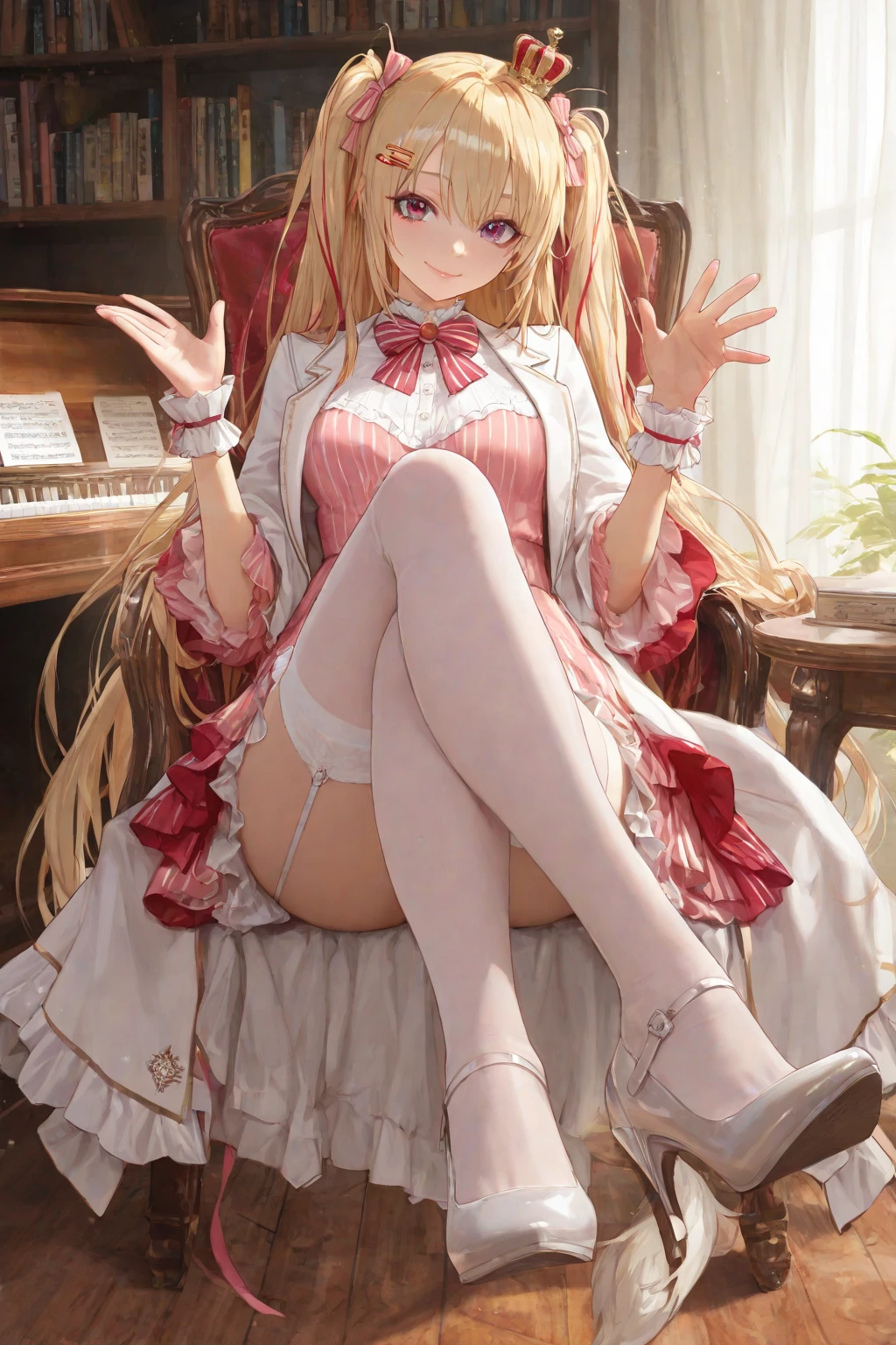 perfect eyes:1.2, detailed eyes:1.4, Emilie T8, blunt bangs, blue eyes, long hair, blonde hair, thighhighs, lace-up boots, pink frilled dress, frilled ascot, fingerless gloves, smile, red eyeshadow:1.2, makeup:1.2, cowboy shot, 1girl, solo, (masterpiece:1.6, best quality), 8k, insane details, intricate details, hyperdetailed, hyper quality, high detail, ultra detailed, professional, HDR, ray tracing reflection, cinematic lighting,