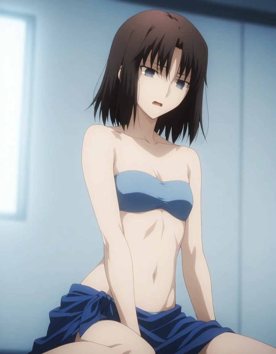 alone, One girl, View Viewer, sketch, Flat Color, 2D, anime, anime coloring, cowboy shot, Brown Hair, ponytail, (Pure white lace bra, Pure white lace panties), large breast, Serious face, back view