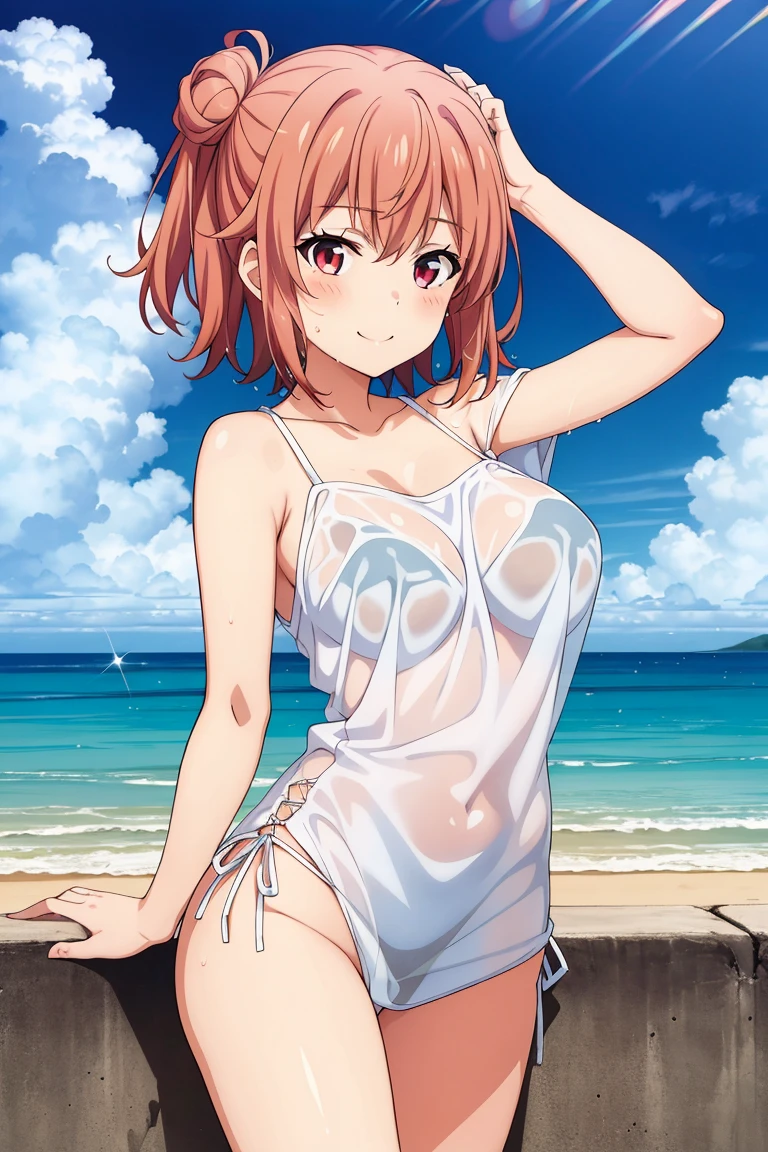 1girl, isshiki iroha, yahari ore no seishun lovecome wa machigatteiru, brown hair, brown eyes, naughty face, micro bikini, sea, thigh, perfect face, perfect anatomy, extremely delicate body, smooth skin, feminine expression, (cristal clear eyes, beautiful face), (anime style), (artist m-da s-tarou:0.2), (best quality)