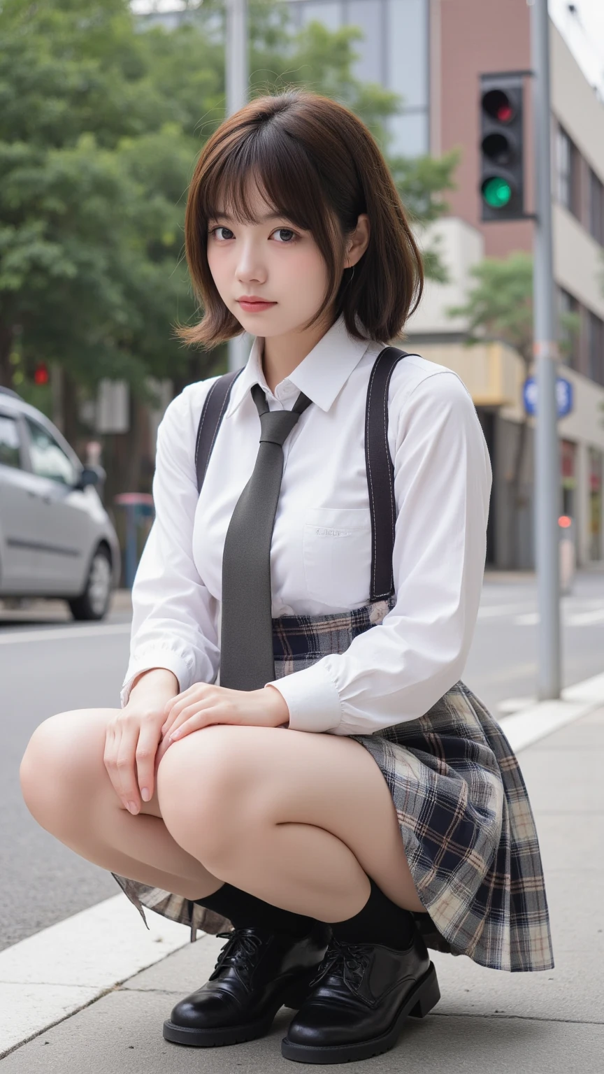 in 8K,top-quality,Real Image,intricate detailes,超A high resolution,Depth Field,masuter piece,natural soft light,profetional lighting,1 girl in,(cute little:1.2),an extremely beautiful 17-year-old girl,A detailed eye,((Brown-eyed)),(Brown hair),(short-haired),(bangss),flawless skin,shinny skin,fair white skin,Fine skin,large full breasts,((perfect anatomia,nice hand,perfect hand,Five fingers connected to the palm of the hand,accurate hands without incongruity)),Perfect raw legs,delicate legs,perfectly proportions,A sexy,Chest visible,((Japan schoolgirl uniform)),((School Uniforms mini Skirt)),(neck tie),Black socks,Chano Leather Shoes,Squatting deep in the city,The crotch is visible,Show me your panties around town,both legs are bent,legs are spread in an M-shape,,I can see panties,Delicate thighs visible from the front