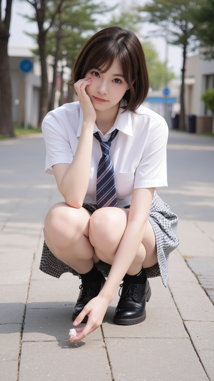 in 8K,top-quality,Real Image,intricate detailes,超A high resolution,Depth Field,masuter piece,natural soft light,profetional lighting,1 girl in,(cute little:1.2),an extremely beautiful 17-year-old girl,A detailed eye,((brown-eyed)),(Brown hair),(short-haired),(bangss),flawless skin,shinny skin,fair white skin,Fine skin,large full breasts,((perfect anatomia,nice hand,perfect hand,Five fingers connected to the palm of the hand,accurate hands without incongruity)),Perfect raw legs,delicate legs,perfectly proportions,A sexy,Chest visible,((Japan schoolgirl uniform)),((School Uniforms mini Skirt)),(neck tie),Black socks,Chano leather shoes,Squatting deep in the city,The crotch is visible,Show me your panties around town,both legs are bent,The legs are spread in an M-shape,,I can see panties,Delicate thighs visible from the front