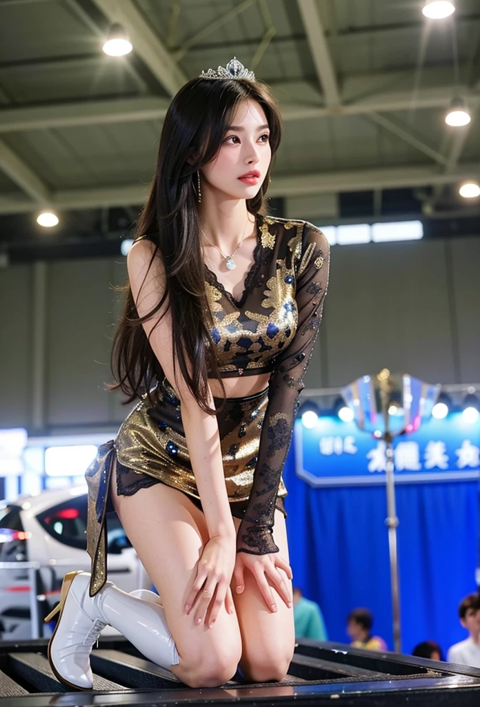 realista, ((obra de arte)), ((melhor qualidade)), (detalhado), cinematographic, dynamic lightning, detalhado background, fotografia,beautiful Korean girl, red eyes, sharp looking,wearing kebaya,showing very big breasts, wearing a mini skirt , with big wings(gold), facing forward, underground dispersal, realista hair,, brilhante,