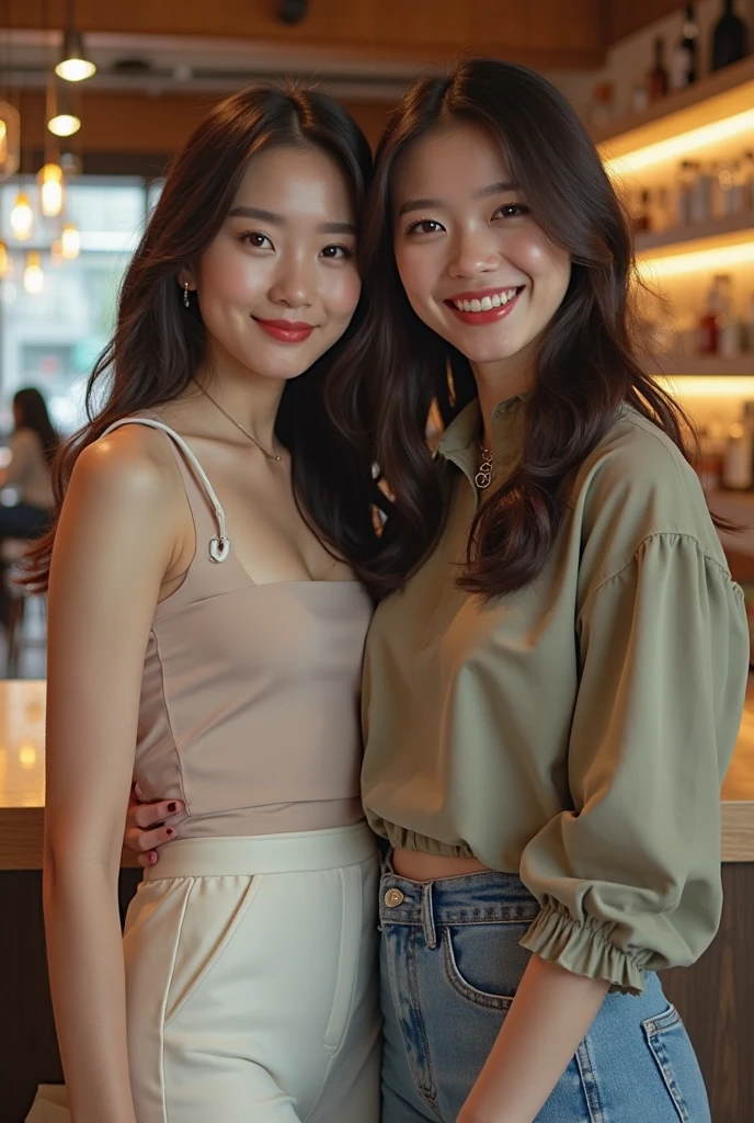 A realistic and engaging portrait of a young korean girl with a warm smile and tousled shoulder-length hair. She is wearing a simple green tank top, a relaxed yet confident vibe, an inviting atmosphere, realistic, real, 8k, high quality, high resolution, her freckled skin and joyful expression, capturing the essence of contemporary social media culture, influencer.