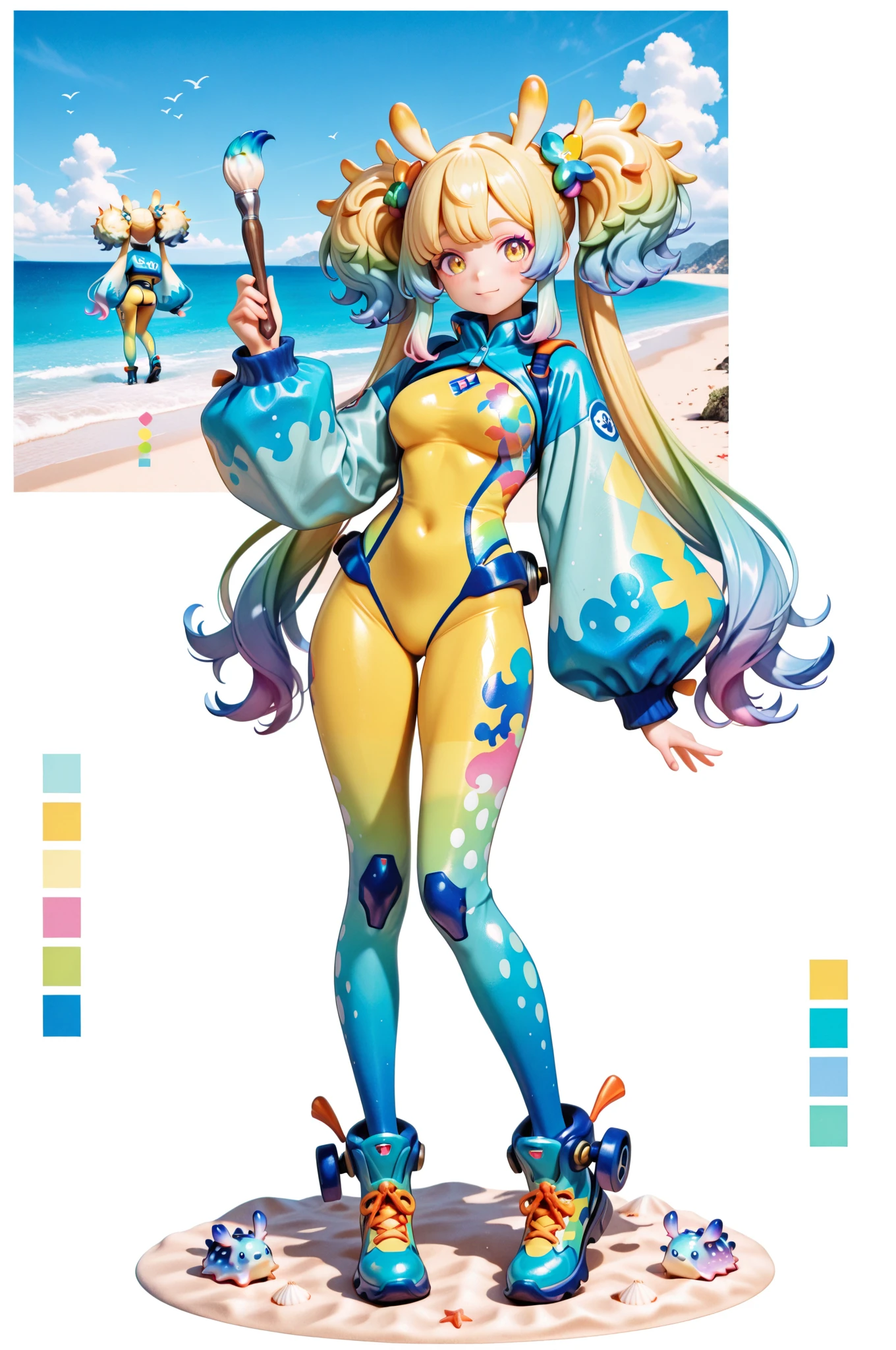 vibrant jellyfish girl, cartoon wakfu style, character sheet, character design, concept art, detailed, best quality, white background, 32k uhd