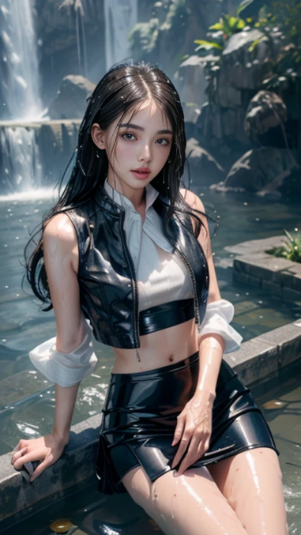 8k, masterpiece, 1 girl, beautiful face, very long hair, light makeup, (wet skin:1.2), detailed eyes, detailed lips, small bust, simple clothing, wet blue vest, blue mini skirt, ((under pants)), ((bare thigh)), straps clothing, (water falling:1.4), steam effect, water vapour,