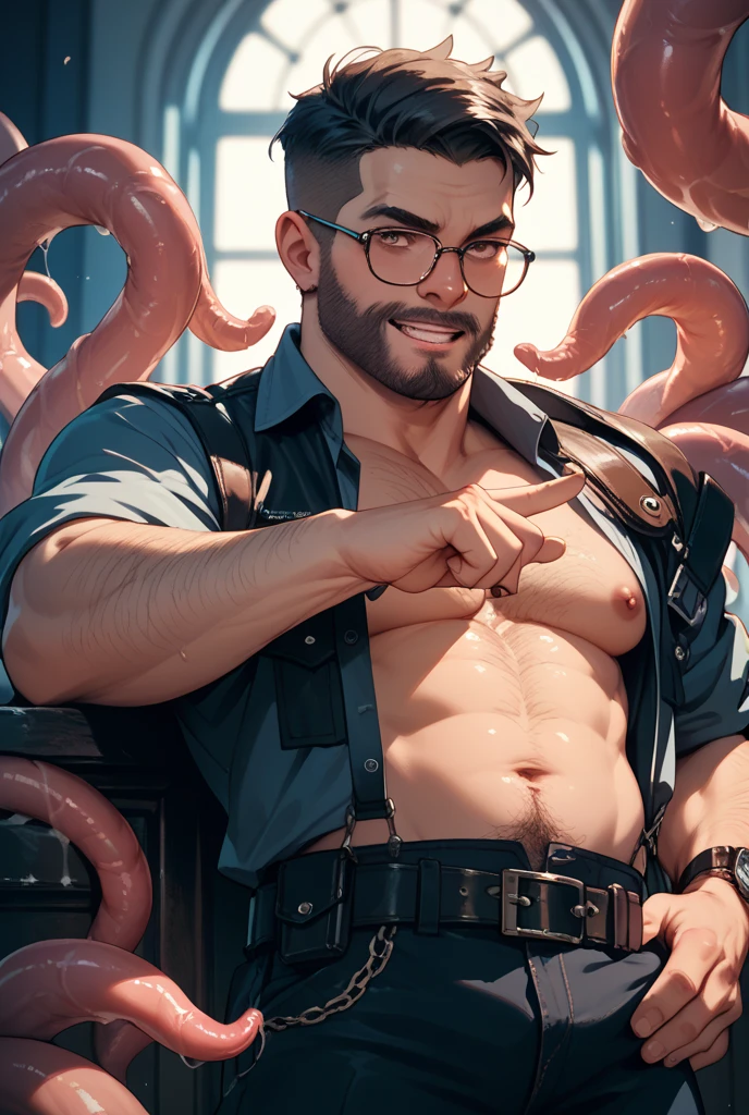The muscular and strong police officer is dressed in a neat and straight uniform, wearing a regulation police cap with the police emblem on it, with regular epaulets, tentacles, slimy tentacles, monster and human breeding, Tentacles wrapped around the body, Insert tentacles into the body, Blocked mouth by tentacles, Both hands are bound, The reproductive organs are covered in tentacles, The chest was torn apart by tentacles, Tentacles penetrate deep into clothes, Wearing pants completely, Complete wearing of trousers, Complete wearing of trousers, Do not expose the reproductive organs