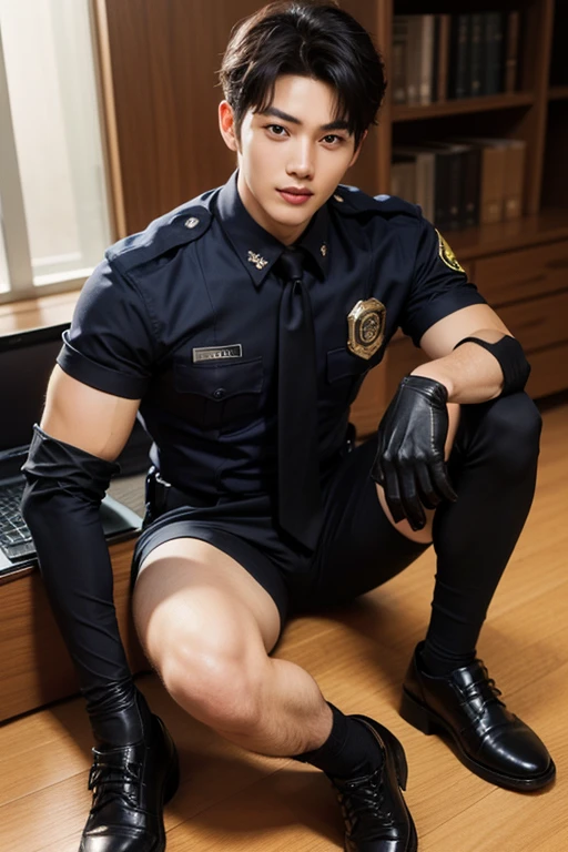 1male,((police officer costume)),muscular,((sock garters)),lying,on bed,bulgeJ8,masterpiece, best quality, epic reality , epic photorealistic , ultra realism , nsfw , ((drooling , saliva))