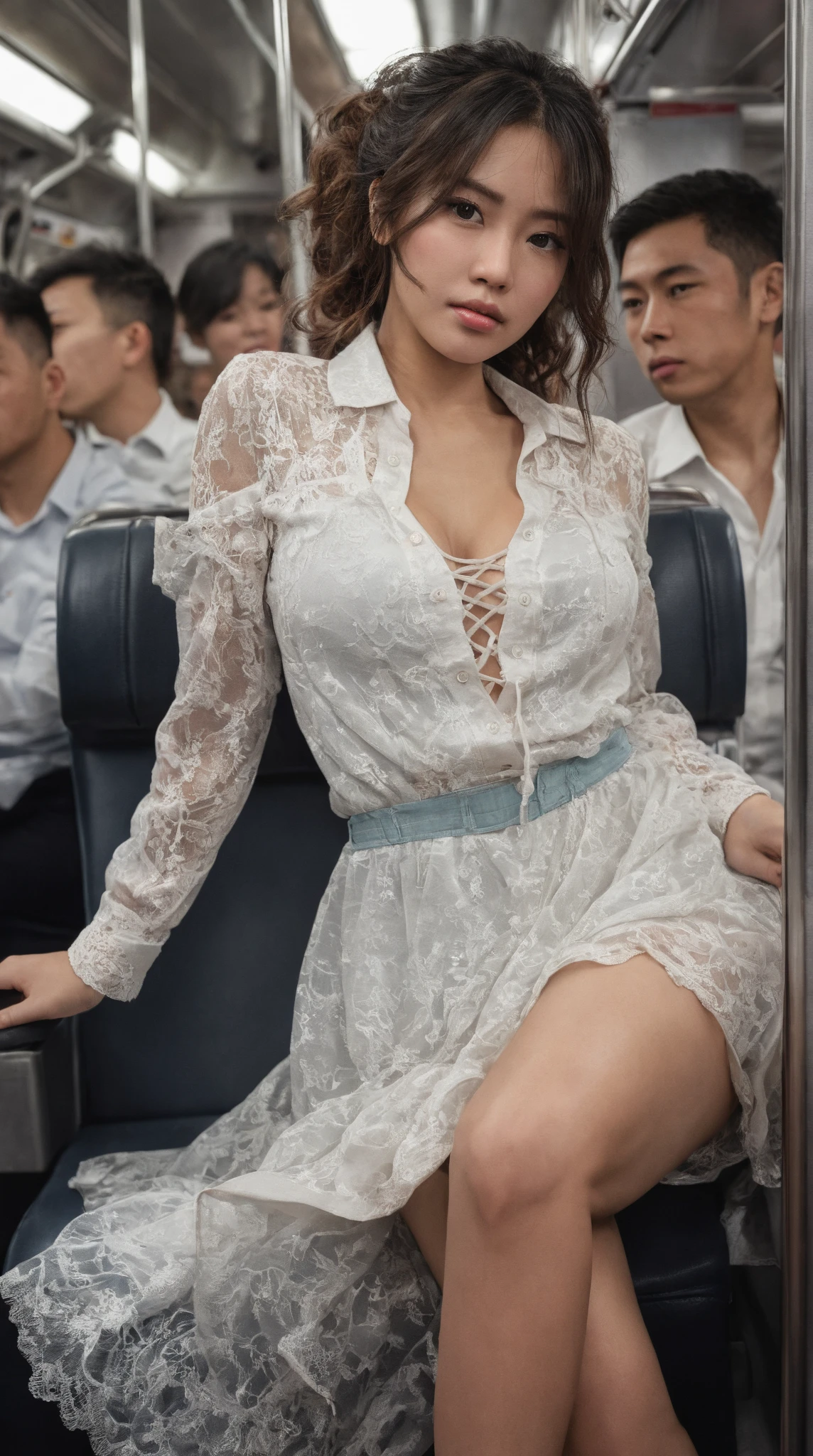 There is a woman sitting on a train with a bag and headphones, hot petite, candid shot, けもの, (realisitic), Korean Girl, Big Breast, Highly detailed colorful details, Shallow depth of field, Her eyes are shining silver, A smile appears on her silvery lips, The swaying waves create a beautiful scene, The art depicts a charming woman dressed in a flowing, Her dress drapes elegantly over her curvy figure, She stood gracefully in the quiet moonlit night, The scene exudes an ethereal and dreamy atmosphere, The graphic style blends watercolor and digital illustration techniques to evoke a refined beauty and charm, casting soft highlights and shadows on her charming features,