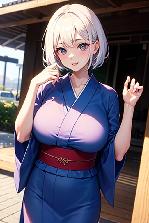(Highest quality、masterpiece、Super detailed,8K),(Silver braided short bob),(yukata、Soft curves、Large Breasts、A fascinating body)、Summer festivities,stall,Detailed Background、night、night景、(Colorful lights),(Eat chocolate banana),(happy Smile)