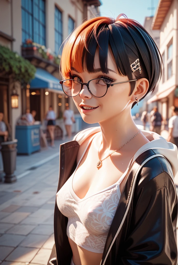 (maximum resolution: 1.2), (ultra high definition:1.2), cinema light, 8K resolution, fine eyes and skin, detailed face, perfect style, cute face, Accurate, anatomically correct, Highly detailed face and skin texture, double eyelid, thin eyebrows, glitter eyeliner: 1 natural cheek, shiny skin, Fair skin, Glossy skin: 1.2, (glossy lips: 1.4), (embarrassed look: 1.2), 17 year old woman, (highest quality:1.2), cinematic lighting, perfect style, beautiful face, blush, glare, embarrassing, (smile:1.2), (short sleeves thin shirt:1.5), (white short pants:1.5), (cameltoe:1.2), dark brown hair, (fascinating body:1.2), Glasses, bare navel, long shot, (outdoor:1.5), (jumping:1.2)