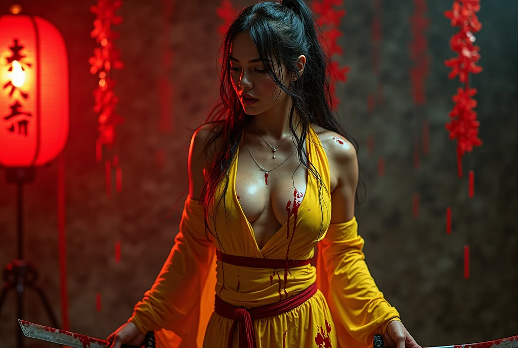 (NSFW) jovem mulher, de longos cabelos negros,tiara prendendo os cabelos,olhar atento,sensual e voluptuosa,usando uma roupa antiga hunfa wuxia,roupa cor vermelha,standing near the staircase of some martial sect,imponente,holding a sharp long-bladed sword with one hand and with the other a heavenly scroll (cena detalhada,Filme,natural  lightting)arte inspirada em Novela estilo Wuxia.