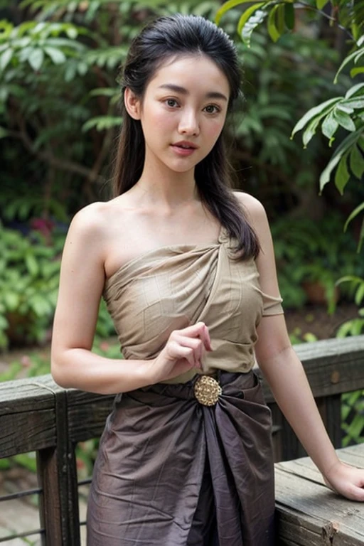 18 years old, women, 1girl, solo, (masterpiece), (photorealistic),ultra-detailed,(fine skin detail),(best),(super fine),(best quality),(ultra high res),(8k, RAW photo),(soft focus), contrapposto, (realistic), physically-based rendering, 8k, smiling, extremely detailed flowing hair, realistic hair, realistic shadows, photorealistic lighting, close-up to face,((portrait:1.3)),18 year old, masterpiece,best quality,official art,extremely detailed CG unity 8k wallpaper, ultra high res, (photorealistic:1.4), highres, detail, best quality, hyperdetailed, 4k, ((traditional thai house)), ((14mm)), ((long shot)), (navel) (thai slave clothes), <lora:thai_slave_clothes:0.8>, (light brown thai slave pants), (thai slave strapless shirt)