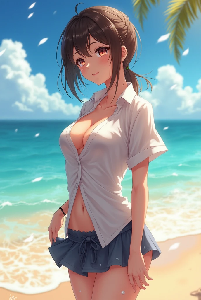 (Highest quality、masterpiece、High resolution、8K)、Vibrant colors、Young and beautiful woman 1、whole body、Brown and black short bob、barefoot、(Detailed face、Beautiful Eyes、Beautiful nose、Pretty lips)、Ample beautiful breasts、Beautiful cleavage、White shirt and shorts、Running on the beach、A refreshing smile、Official Art、The background is the sea、blue sky、Large white waves and wide sandy beach、Wide forest、White Entrance Cloud、(Depth of written boundary:1.3)、