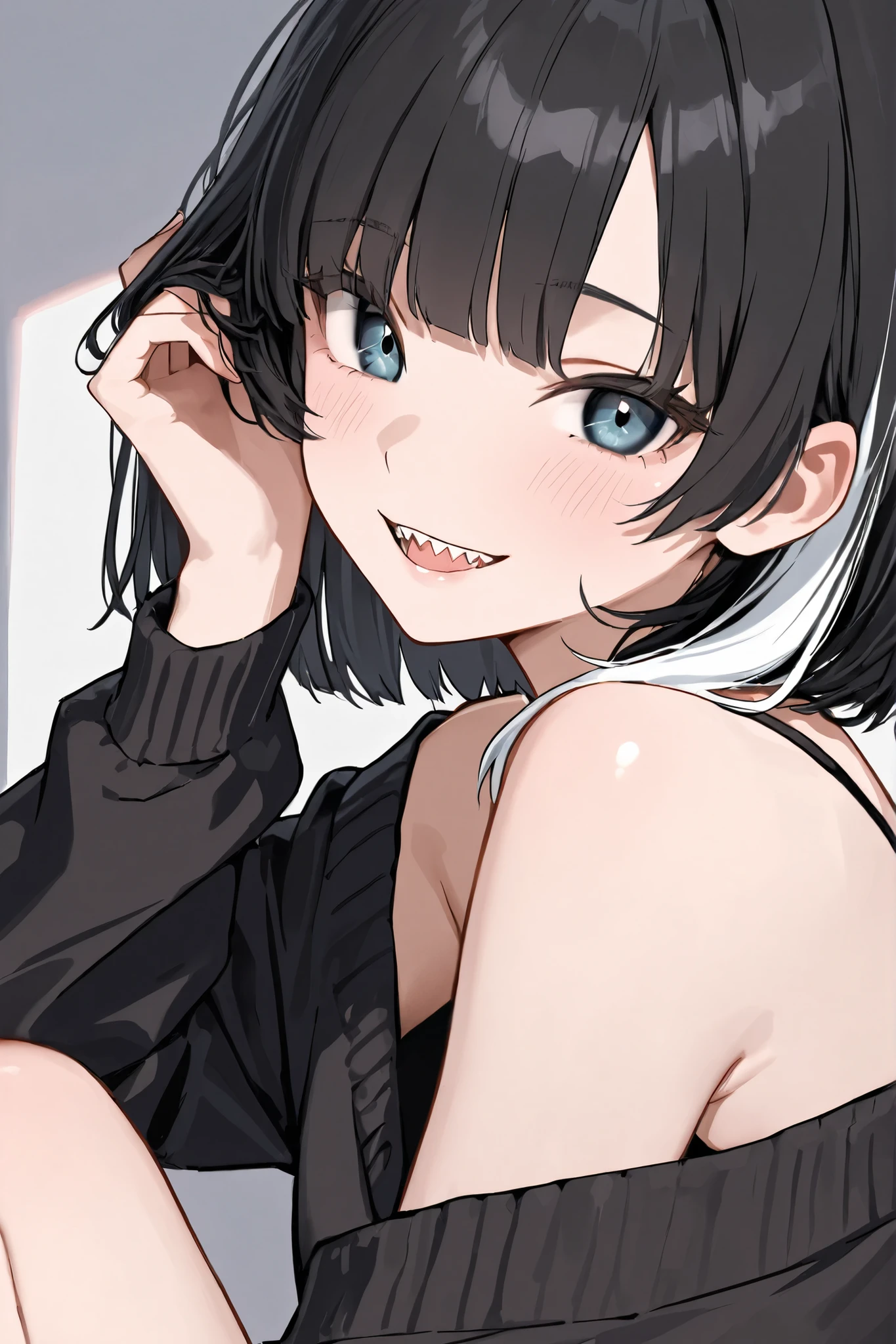 The woman's hair is bob hair、Black hair with white tips。bangs are trimmed。
Her eyes look sharp。