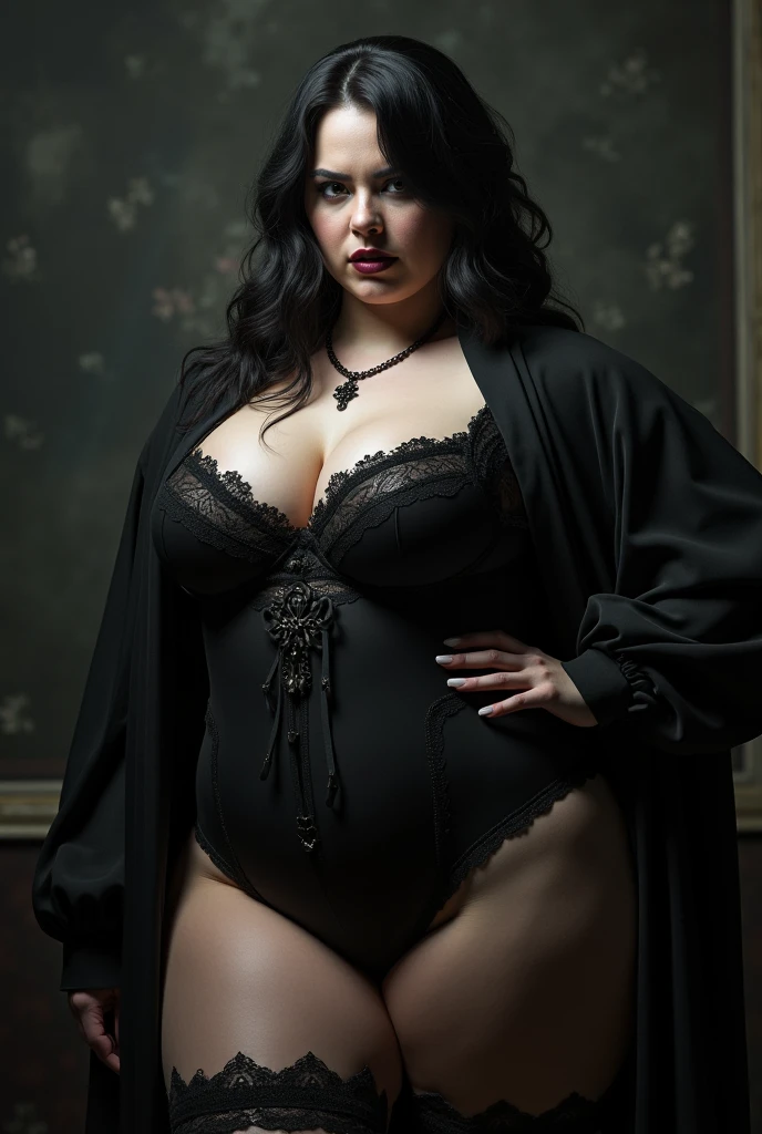 A beautiful and hot almost chubby mature woman with big.which is a black lace-like underwear with a floral design along with long black lace-like stockings, wearing a white woolen coat. And standing in a snowy field in the dark sky lit by a lamp. With a smiling face, wearing red gloves