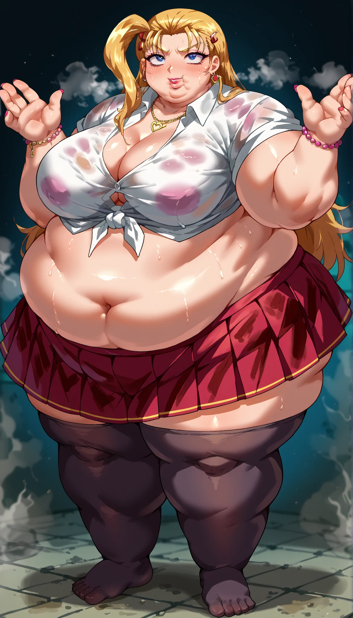 ultra realistic 8k cg, masterpiece, ((ultra detailed background, delicate pattern, intricate detail)), (highly detailed, fine details), best quality, 1girl, (photorealistic:1.4),beautiful lighting, absurdres, RAW photo, film grain, 1girl, solo, long sleeves, looking at viewer, japanese clothes, medium breasts, haori, cleavage, (jacket, skirt, belt, black skirt, pleated skirt, thighhigh), green thighhighs, zettai ryouiki, (two-tone hair, pink hair, green hair), green eyes, (forest path background, complex detailed background), ((big belly:1.3, massive belly:1.3, giant belly:1.3)), shocked, open mouth, (hands behind head:1.4), (solo:1.5), dynamic pose, stands in profile