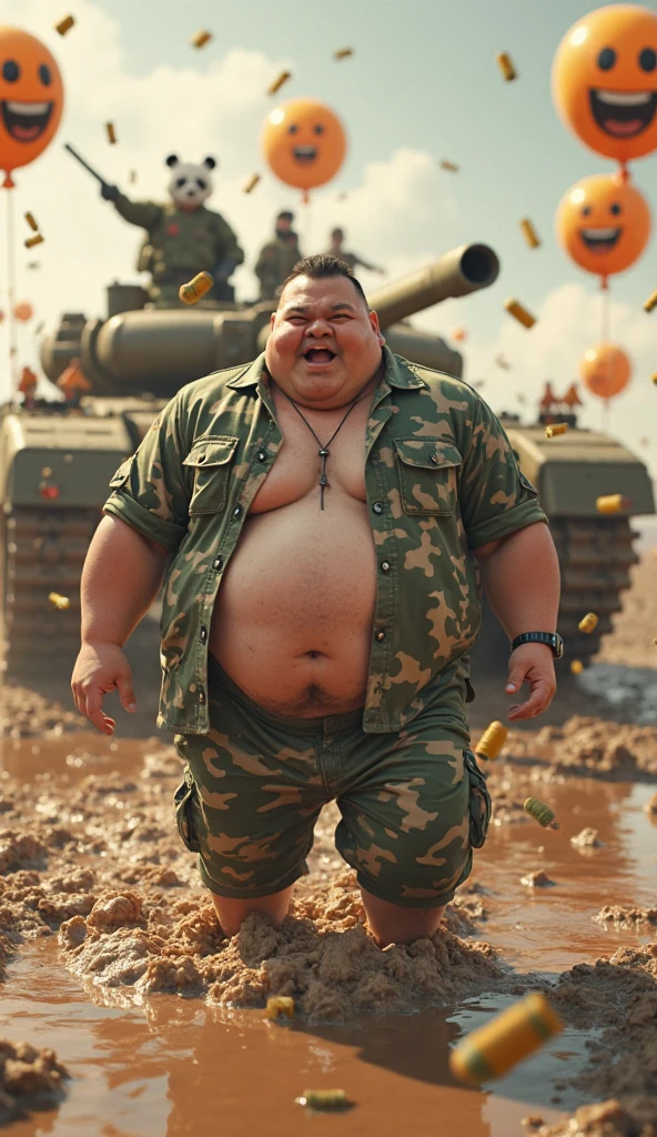 old fat sumo wrestler with an assault rifle, firing the rifle,gun smoke,gun flash