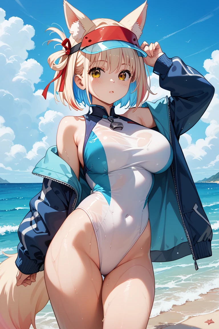 masterpiece,(ultra-detailed),1girl, mysterious heroine xx \(fate\), half_eyes,smile,open mouth, swimsuit, white bikini, side-tie bikini bottom, shrug \(clothing\), jacket,  thigh strap, wristband,  large_boobs, ocean_landscape, splashing,blonde_ponytail,open_legs,cap,happiness,,dynamic_standing,