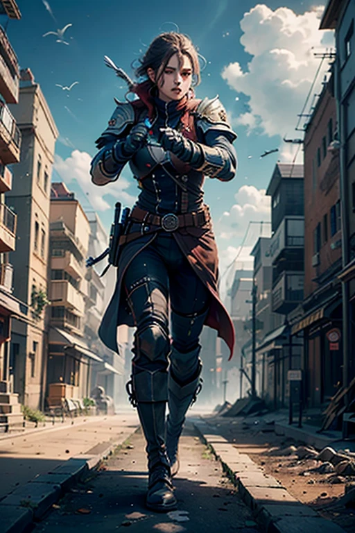 1woman wearing a rogue thief outfit, standing threateningly, knives out, in a dark alleyway