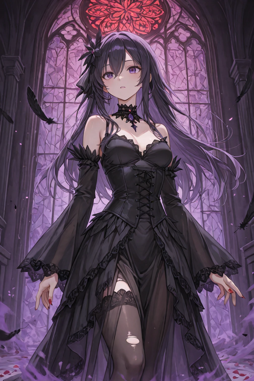(shylily/(Twich/):1.5),(masterpiece:1.2),(best quality:1.2),, (1girl:1.3),Hard Dark Gothic Makeup、my sanity、deep night sky、horror、black dark eyeshadow、cry、sad、Good skin radiance、Dark Gothicメイク、dark smile、palace、fragrant beauty、22 years ago、Expression of intense sexual pleasure、embarrassed look、Dark Gothic、Obscene expression、highest quality、View 5 books、Expression of sexual pleasure in suffering、Drunk face、purple maid outfit、Mysterious、Noble、A face that is holding back the toilet、Super sexy、Loving smile、twin tail hair、jet black ruffle skirt、right blue eye, Left eye is red、Super bewitching pose、platform heel shoes、Heavy makeup、Black lipstick、make the world beautiful、gothic lolita clothing、A little slimmer、silver hair、long hair straight hair、Cute Gothic Lolita Dress、beautiful face、elegant features、bewitching face、knee high socks、Stained glass background、Chest glistening with sweat、The room is dark、goth long dress、bell sleeve、Wizard Sleeve、decadent look、sexually excited look、gothic mode、Glossy thighs wet with water、Thighs that are wet and shiny with oil、Background of a room full of roses、sad expression、Rose Maiden、The embroidery is pink、The costume has pink embroidery、Thigh-high socks、knee high socks、gentle expression、masturbation behavior、Dark black eyeshadow、despicable act、Stained glass and rose background、Wearing black underwear、black panties、thighs are a little thin、duo、female couple、i have lesbian friends、Are standing、hug a girl、A blue lightning bolt shines in his right hand、A blue electromagnetic wave shines in my hand.、dark church background、Stained glass、black metal world、dark castle、dark room、Her thighs shine with a lot of sweat、My body is wet and shiny、Lots of glitter on the thighs、sweating、My thighs are sticky from sweating、Sweat glistens on my thighs, The whole body is sweaty and shiny、pretty sweaty、My thighs are sweaty、my thighs are so wet、I sweat a lot and my thighs are shiny......、A large amount of sweat shines all over the body、slender body、thin legs、upright、walk、