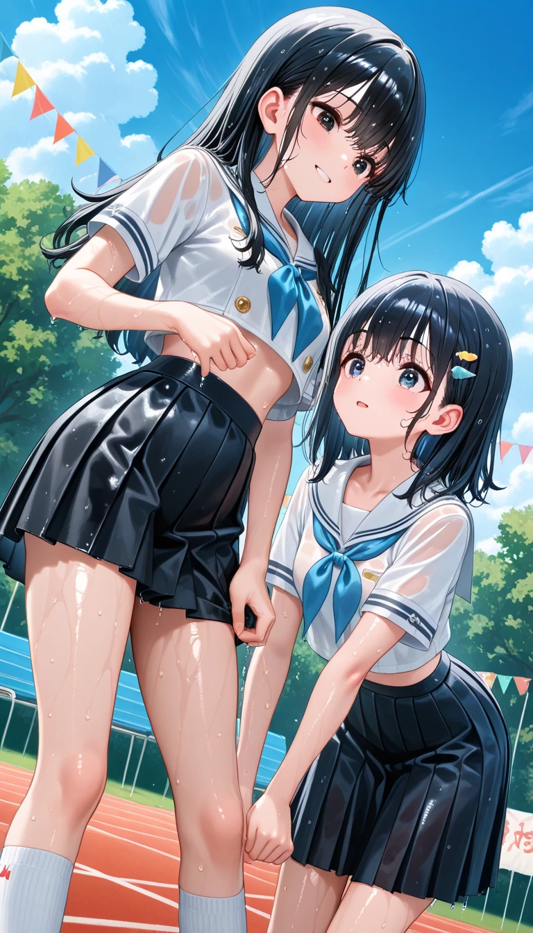 (masterpiece, best quality),Simple design,Two girls sitting opposite each other,A listless look,has Popsicles,White background,Breakwater,Summer in Japan,High School Uniform,15yo,look each other,smile,closed eyes,