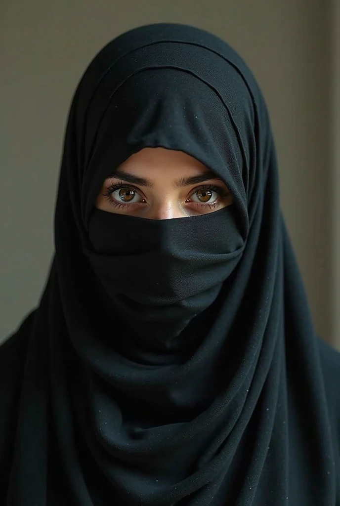 A muslim girl in niqab covering her eyes and having big natural