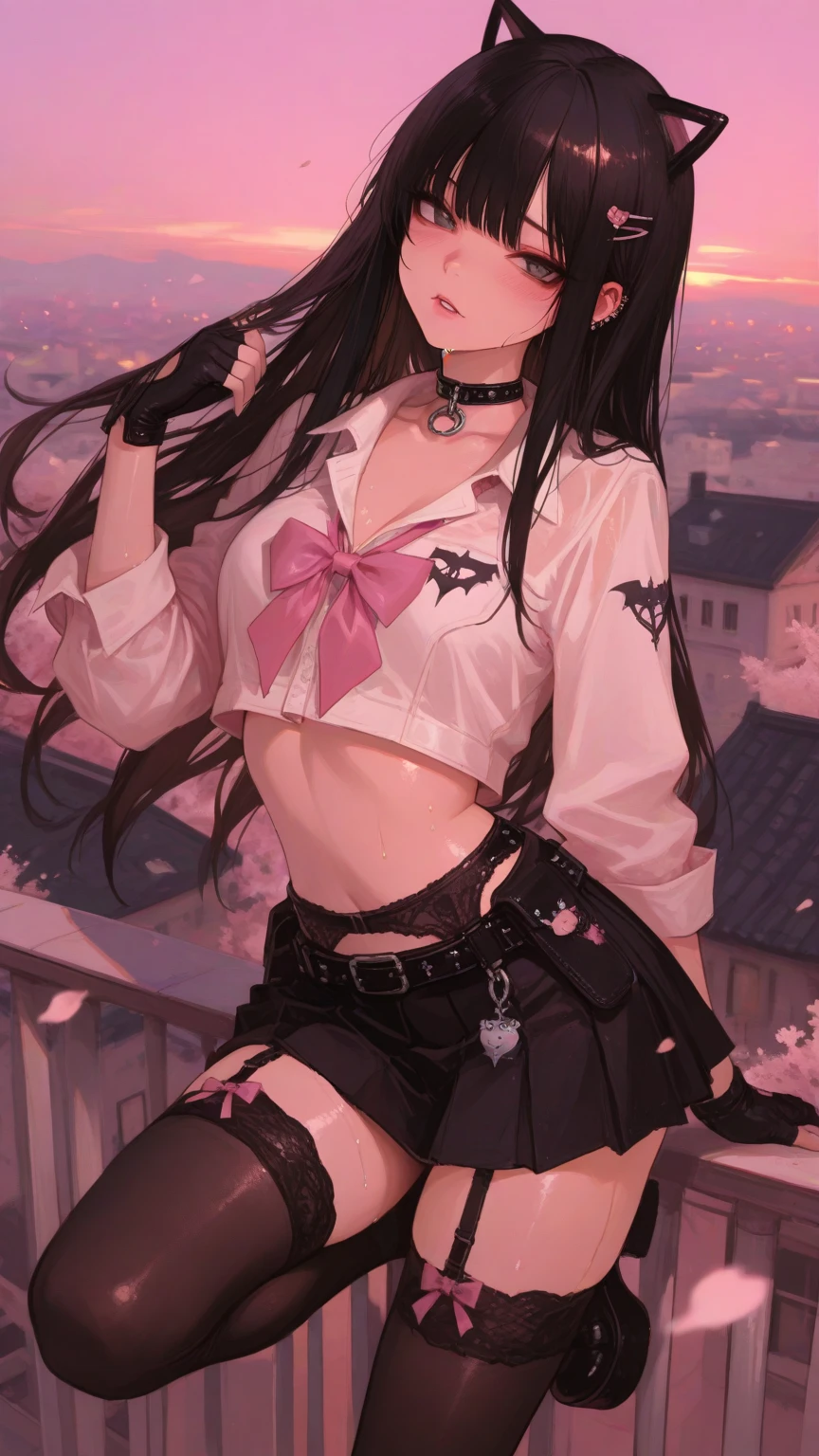 (Black Long Hair)、 posterior view、 (A detailed eye、二重まぶた、eye glasses、A slight smil、Open mouth and happy smile)、 (School Uniforms:1.3)、(tight mini pleated skirt:1.3)、(Skirt lift:1.3)、(Show white sexy panties:1.2)、(Black garter belt:1.3)、(Black thigh socks:1.3)、 ((Medium chest)) 、((Cameltoe:1.3)、Model body type、(Slim waist)、(zettai ryouiki:1.3))、Lots of flowers background (５Fingered hand、Highly detailed facial and skin texture)、 (Super close-up looking up from below:1.2)、Focus on the crotch、(Looks Back:1.2))、((top-quality、8K,​masterpiece:1.3))、(Beautiful woman with perfect figure:1.4)、(Background of many blooming roses:1.3)