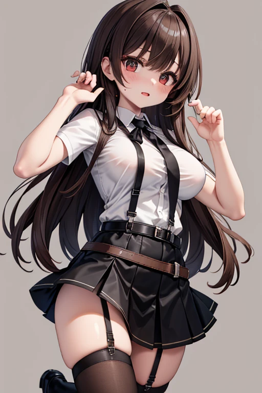 Brown Hair、Looking at the audience suspenders bulging big breasts Black mini skirt garter belt Knee-high socks sight Small face bangs beauty Show your hand sight Black boots Taunt Armpit sweat One person Place your hands behind your back Dress shirt Panty shot