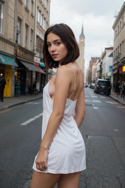 close-up, mid-shot, rule of thirds, badass 35 years old woman,sexy dress
 pose, , short hair, walking up towards in the foreground, sunny , cinematic, ultra detailed, visually rich, concept art, luminous, dimly lit dark environment, intricate details, subtle colors, extremely detailed, ultra sharp focus, light particles, attention to detail, grandeur and awe, stunning visual masterpiece, double exposure, 32k, photorealistic, strong outlines, cinematographic scene, highest  Design a handsome, tall male model. Let him stand out with dark brown hair that shines in the sunlight, captivating brown eyes, and a sharp jawline. He should have a fit body, with muscles becoming prominent during exercise. Project a stylish wardrobe that leaves a modern and chic impression. Let him have a pleasant smile on his face when he smiles, reflecting an overall positive energy, ulrta real , full head,