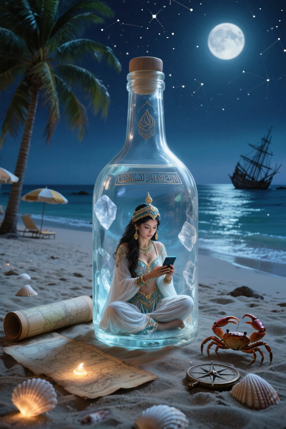 A crystal clear quatz bottle withba gorgeous middle east female genie inside it, she plays a mobile game on her cellphone, the bottle is on the beach sand, insanely detailed and intricate mesmerizing beach background