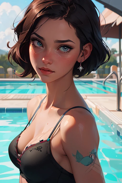 ((Top quality, 8k, Masterpiece: 1.3)), 1 woman, Beautiful girl with slim abs: 1.3, Large: 1.2, seductive pose, Swimming pool, Ultra detailed face, High detailed lips, detailed eyes, double eyelids, Smile, art inspired by Bill Sienkiewicz and Dave Mckean.