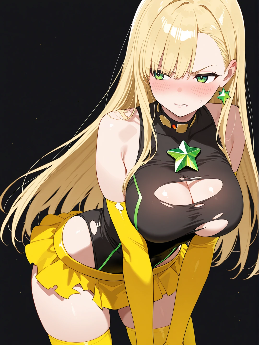 1girl (magik), absurd, close up, masterpiece, green eyes, long blonde hair with bangs, breasts, strong toned body, yellow and black costume showing shoulders, highres, (skirt), looking at the viewer, solo, medium breasts, dark background, (thighs), dancing on a strip club, at nigght, bar